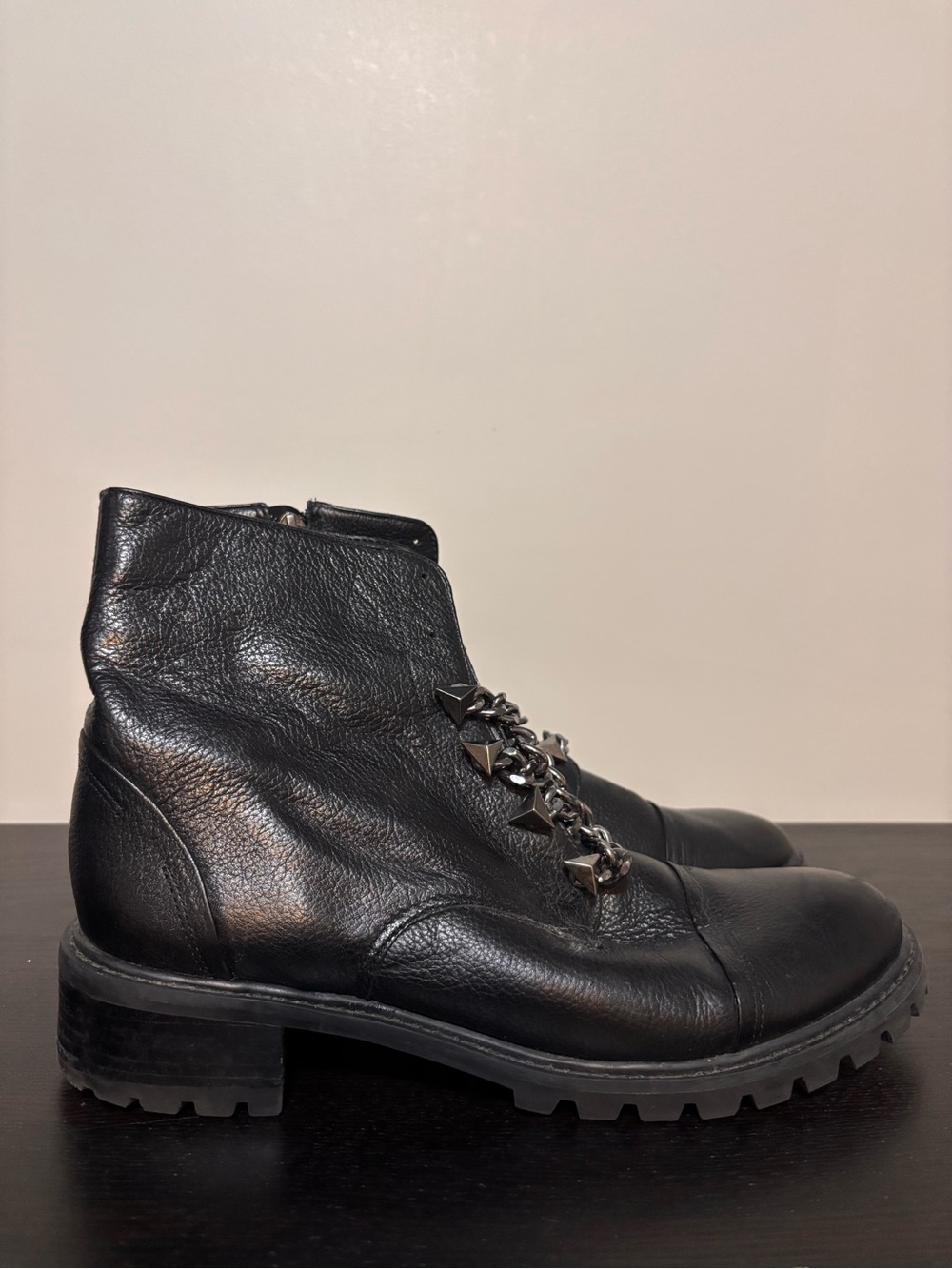 SCHUTZ Black Leather Chain Combat Booties | Womens Size 9